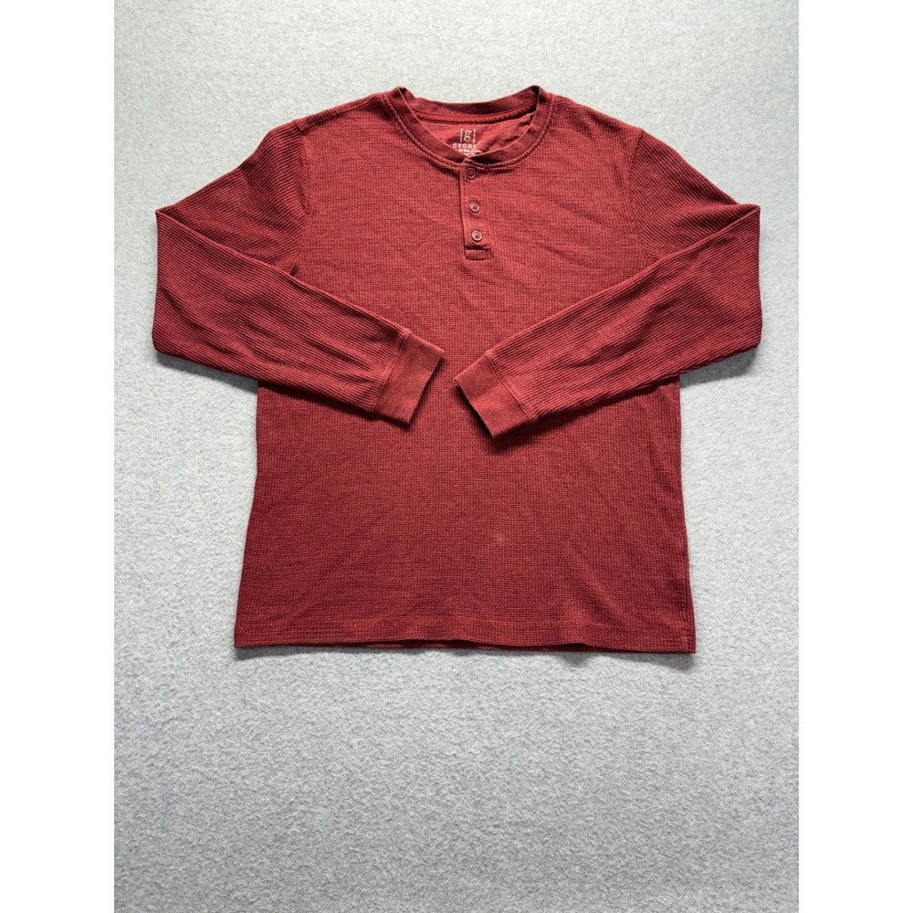 George Mens Burgundy Red Waffle Knit Thermal‎ Long Sleeve Henley Shirt Size M